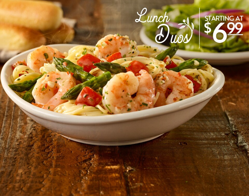 Olive Garden Duos / Lunch Duos & Unlimited Soup or Salad and Breadsticks Just ... - Monday through thursday for under $9.